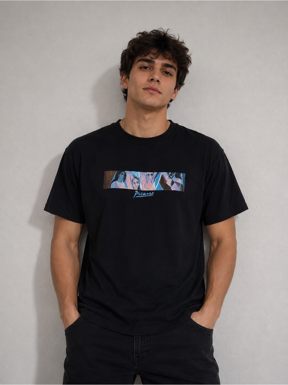 Men's Black Short-Sleeve Graphic Tee  Picasso with Multicolor Artwork Size L